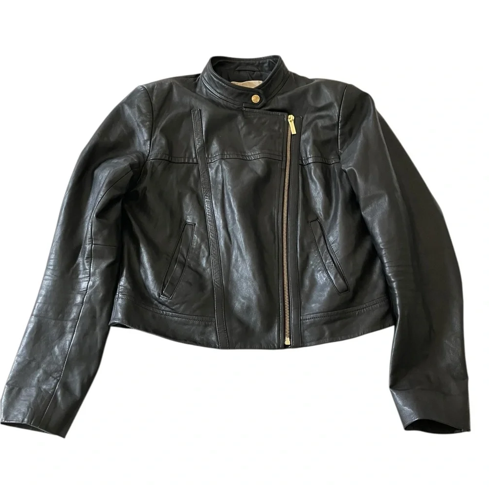 Michael Kors Black Leather Lambskin Moto Biker Jacket Gold Women’s M - Picture 4 of 15